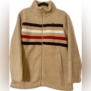 NWT Tommy Hilfiger camel mock-neck zip fleece jacket, stripes, pockets, size S